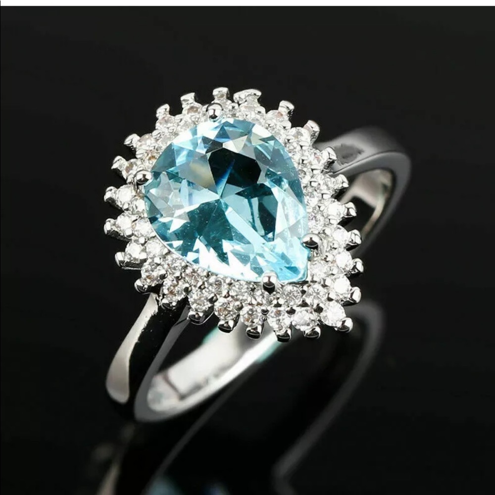 925 Silver White Sapphire Women Aquamarine Ring - Picture 5 of 5